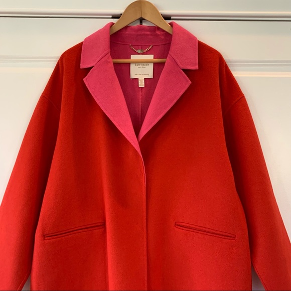 Kate Spade Sz XL Cocoon Coat Double Faced Wool Color Block Red Jacket X-large - Picture 2 of 9
